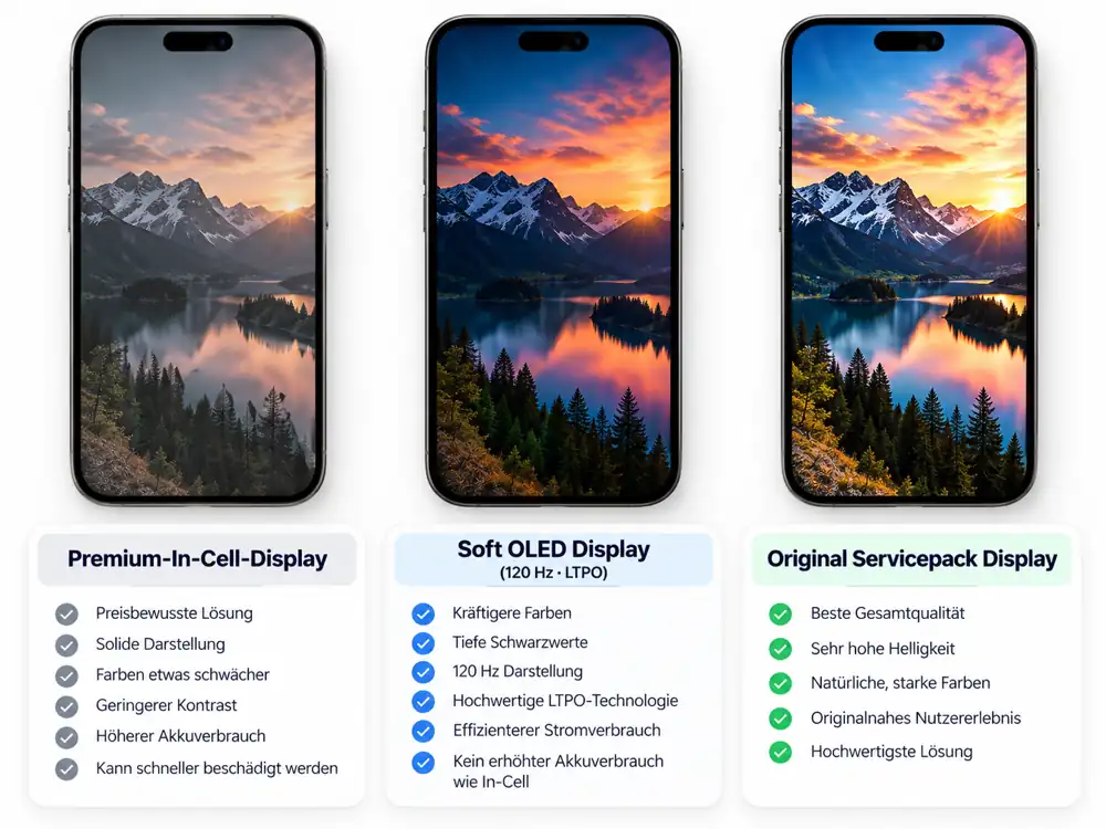 Vergleich iPhone-Ersatzdisplays: Premium-In-Cell, Soft OLED (120 Hz LTPO) und Original Servicepack Display